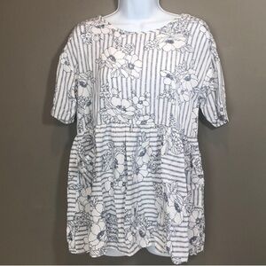 Sweet Claire Baby Doll Floral Blouse Striped Women's Top Small